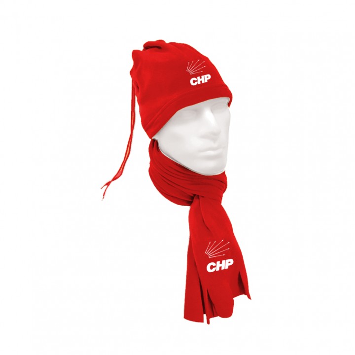 CHP Logolu Beyaz Polar Büzgülü Bere ve Atkı Takımı 23x143 cm Anti-Pilling Ünisex Promosyon Seti